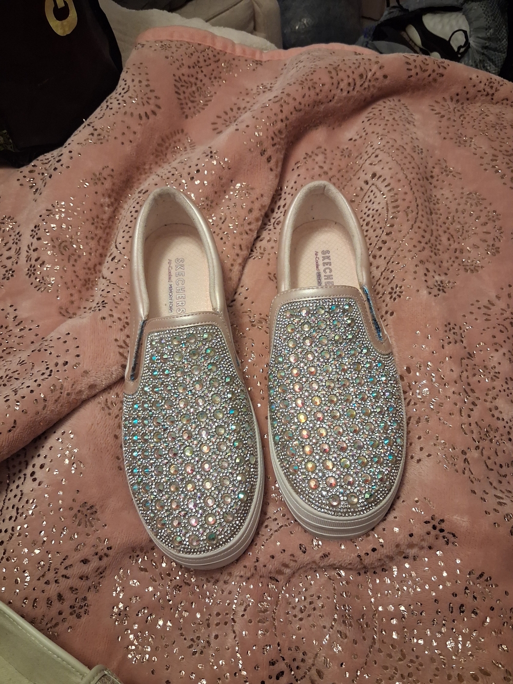Skechers Iridescent Crystal Slip-On Sneakers in Pale Pink